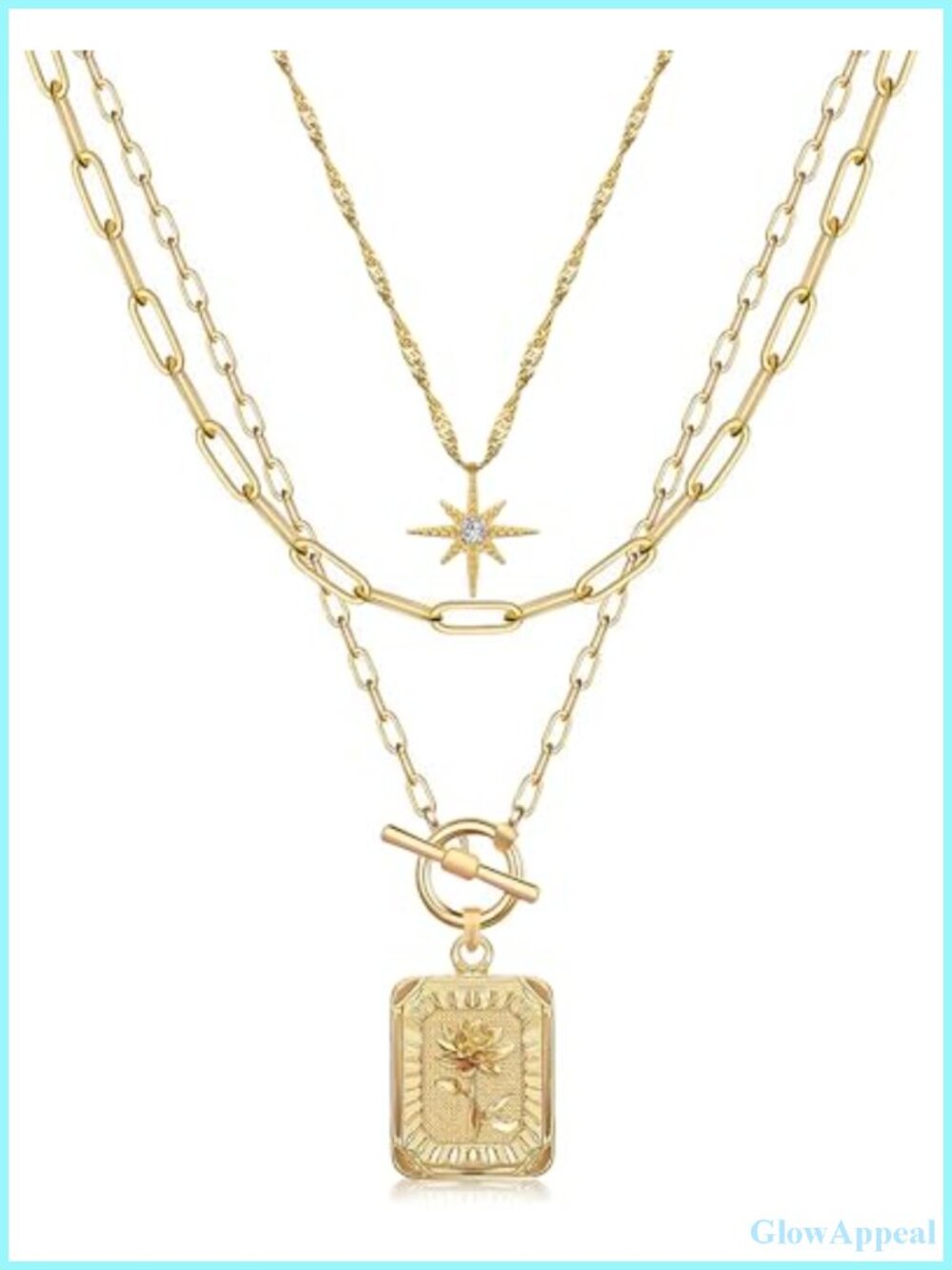 Layered Paperclip Necklace 24K Gold Plated Brass Birth Flower 3 Chains